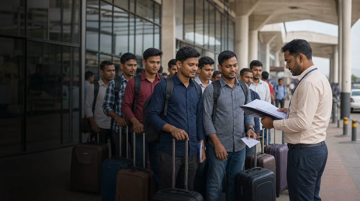 Bangladeshi travelers receiving pre-departure support at an airport