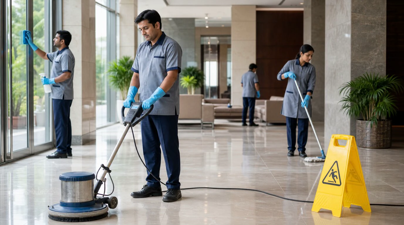 Bangladeshi cleaning staff completing supervised commercial-cleaning work
