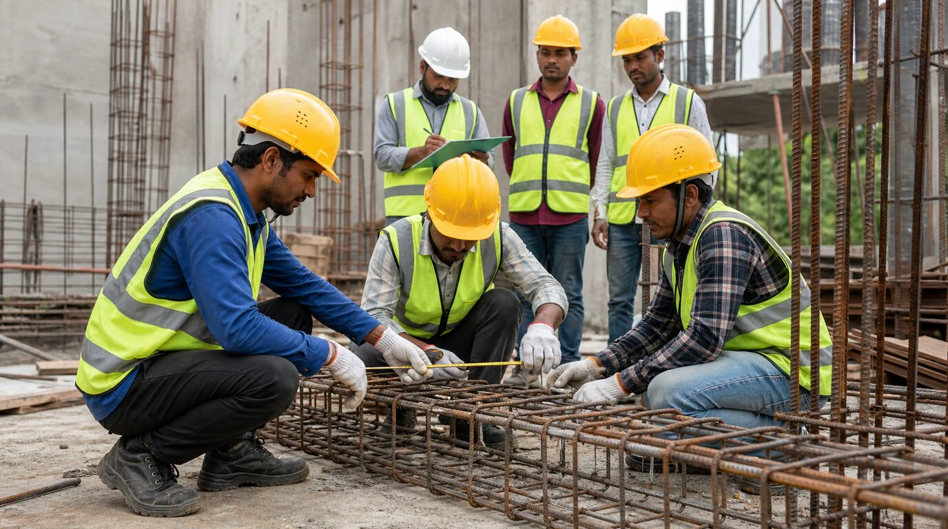 Bangladeshi construction workers completing a practical reinforcement and measurement exercise