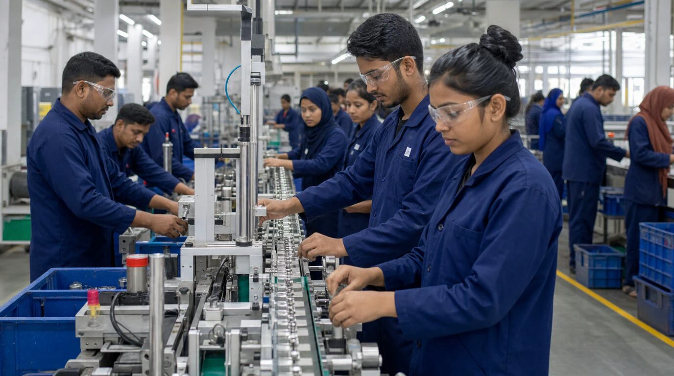 Bangladeshi factory workers completing a supervised production-line quality check