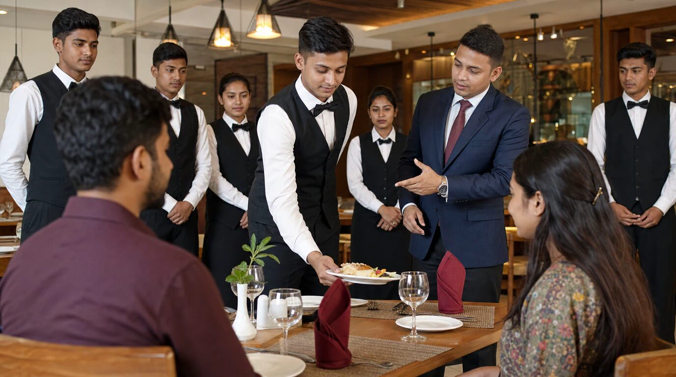 Bangladeshi hospitality staff practising professional guest service in a modern hotel
