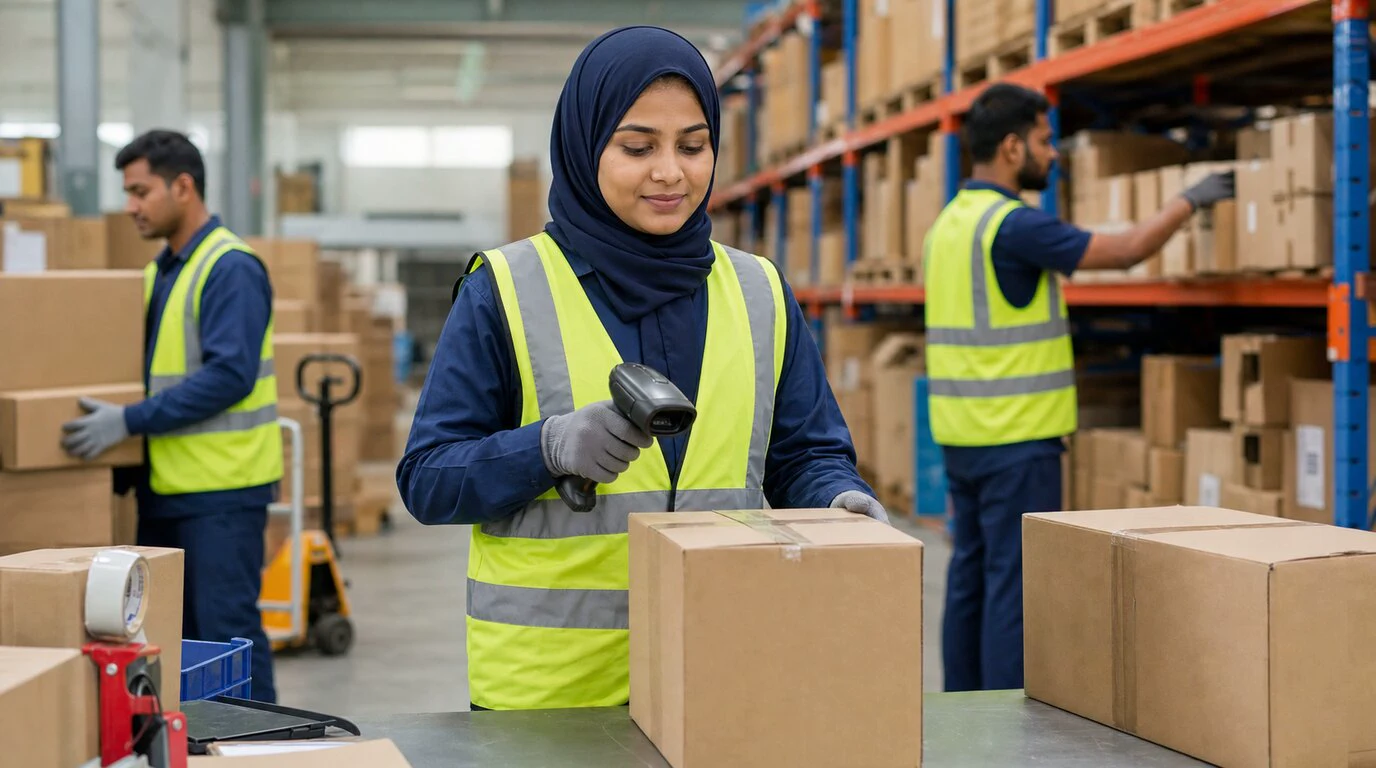 Bangladeshi hijabi warehouse helper scanning a parcel with coworkers in a logistics facility